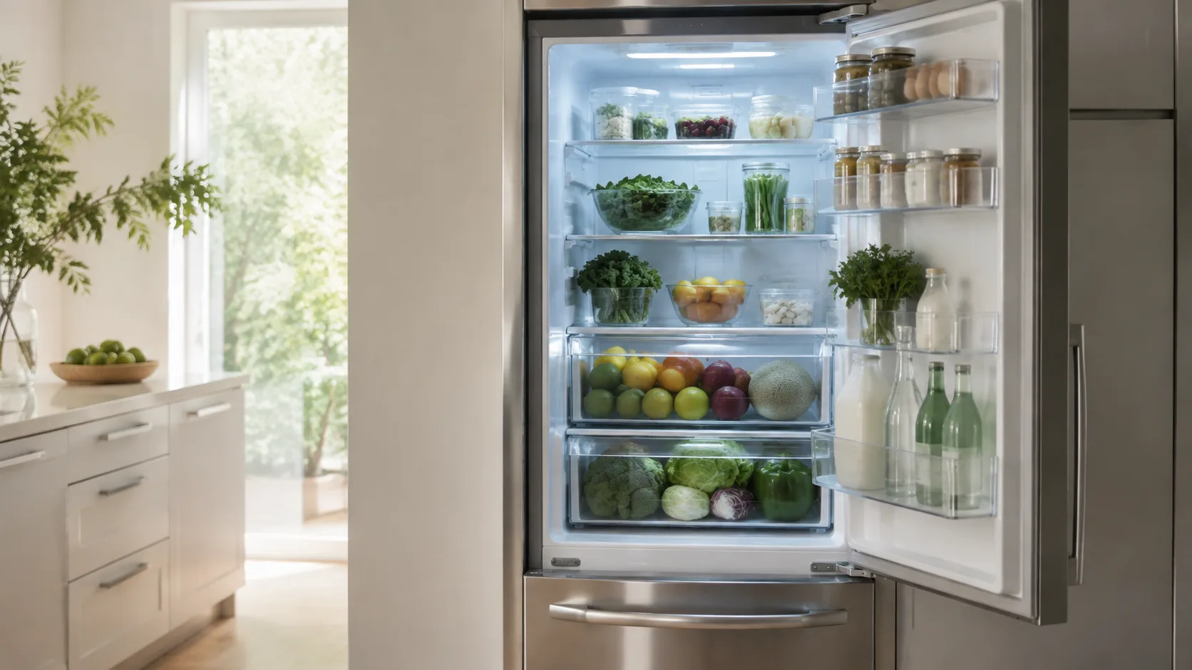 Interior de un refrigerador moderno lleno de alimentos frescos